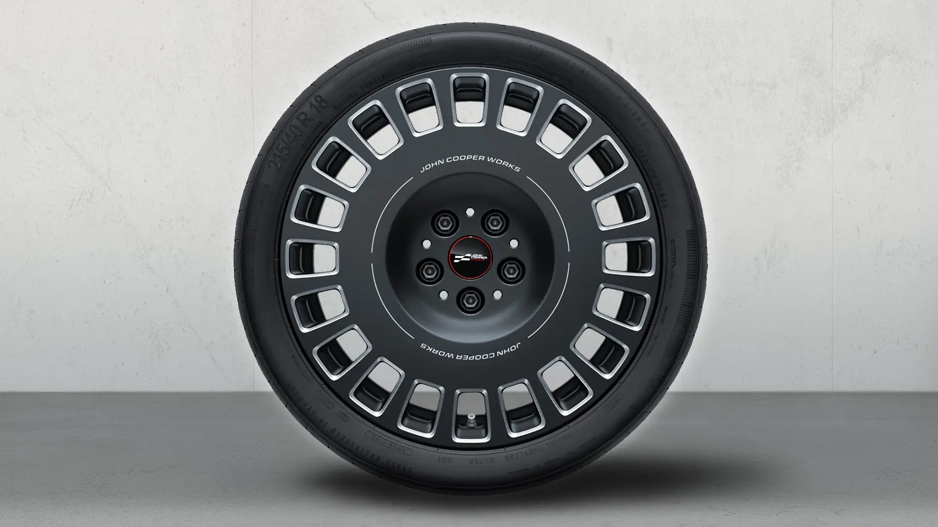18" John Cooper Works alloy wheels Rallye-spoke style 964 summer complete wheel in Bicolour Midnight Grey, diamond-milled. 